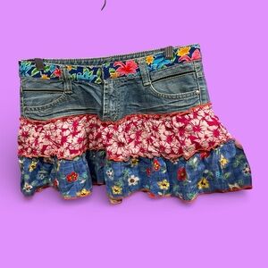 Cute Y2K up-cycled denim micro mini skirt pockets ruffle floral cotton festival